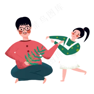 戴眼镜的爸爸和扎辫子的小女孩