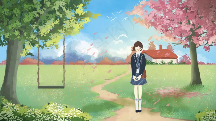 春天草地学生女孩(2880X1620(DPI:72))psd模版下载