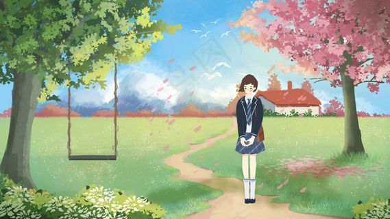 春天草地学生女孩