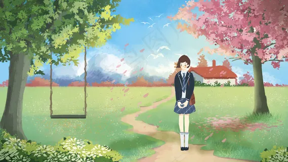 春天草地学生女孩 春天草地学生女孩