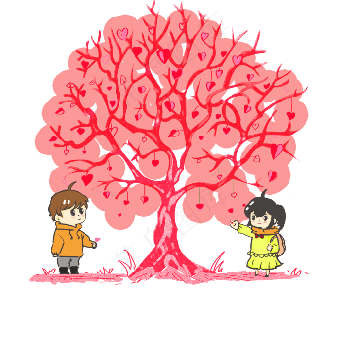 七夕情人节爱心树手绘PNG素材