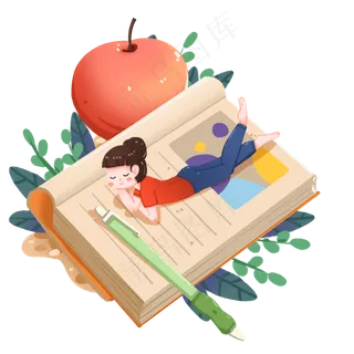 趴在书上看书的女孩和水果组合