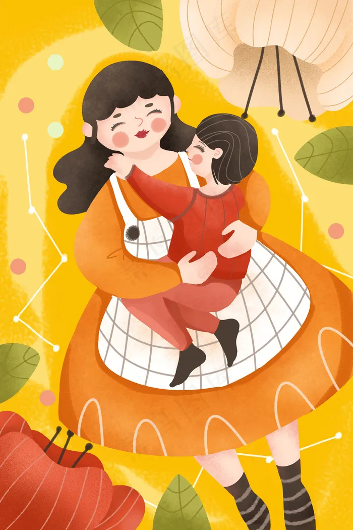 母亲节黄色系妈妈抱着孩字卡通可爱风格配图(3545X5315(DPI:300))psd模版下载