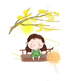 中秋节桂花树下的女孩,免抠元素