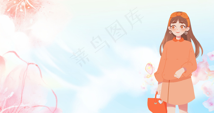 桃花节化妆女生手绘插图蓝banner