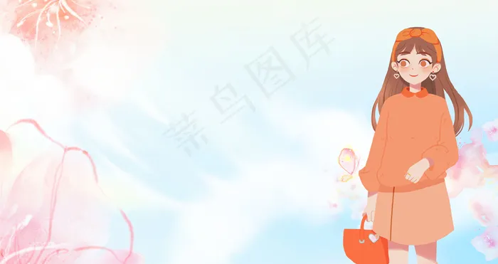 桃花节化妆女生手绘插图蓝banner(3543*1879px 	      )psd模版下载