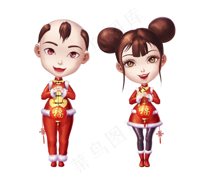 过年春节除夕可爱男女娃娃卡通形,免抠元素(3269*2684px 300 dpi )psd模版下载