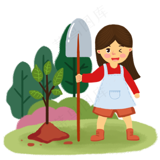 植树节铁锹女孩手绘人物PNG素材