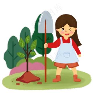 植树节铁锹女孩手绘人物PNG素材