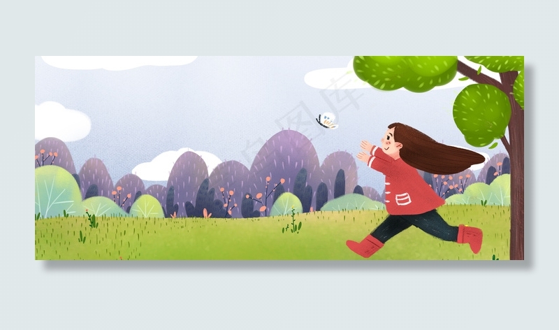 春天在追风筝的可爱小女孩海报背景