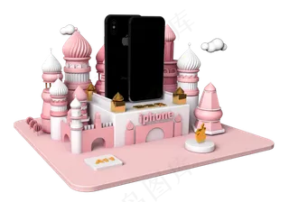 C4D粉色城市风小城堡手机广告,免抠元素