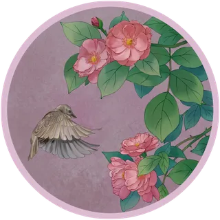 工笔花鸟粉色月季复古花卉飞鸟,免抠元素