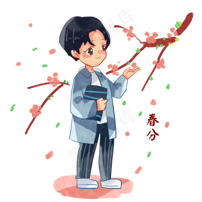 春分人物和桃花插画,免抠元素
