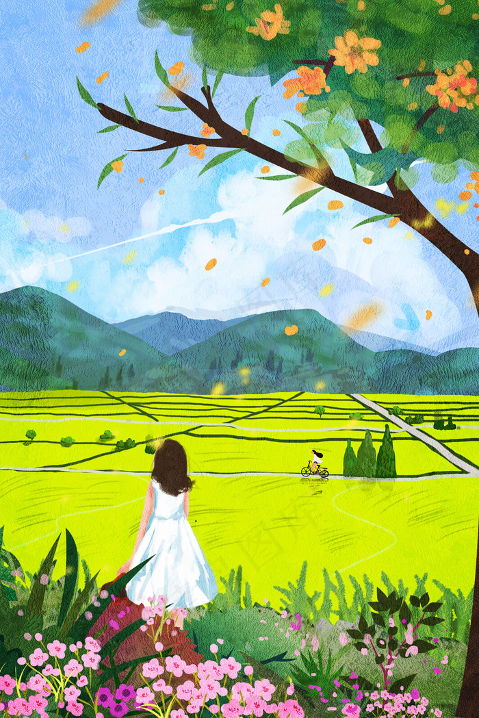 夏景春天清新唯美治愈手绘花与少女乡间田园(3545*5315px 300 dpi )psd模版下载
