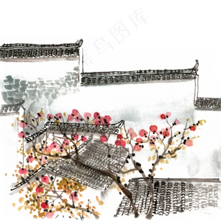 水墨画秋季里的民居,免抠元素