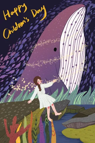 儿童节女孩和蓝鲸奇幻童趣配图