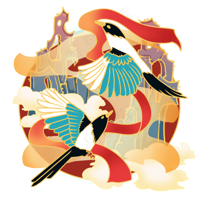 工笔典雅风红布喜鹊