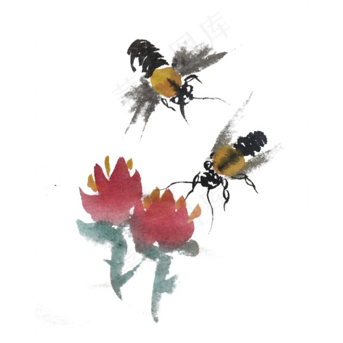 水墨风蜜蜂采蜜手绘插画,免抠元素