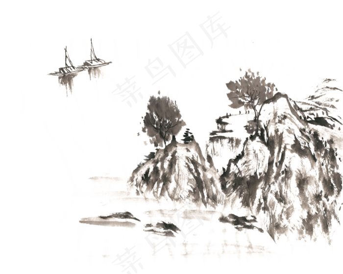 山与帆船水墨画PNG免抠素材