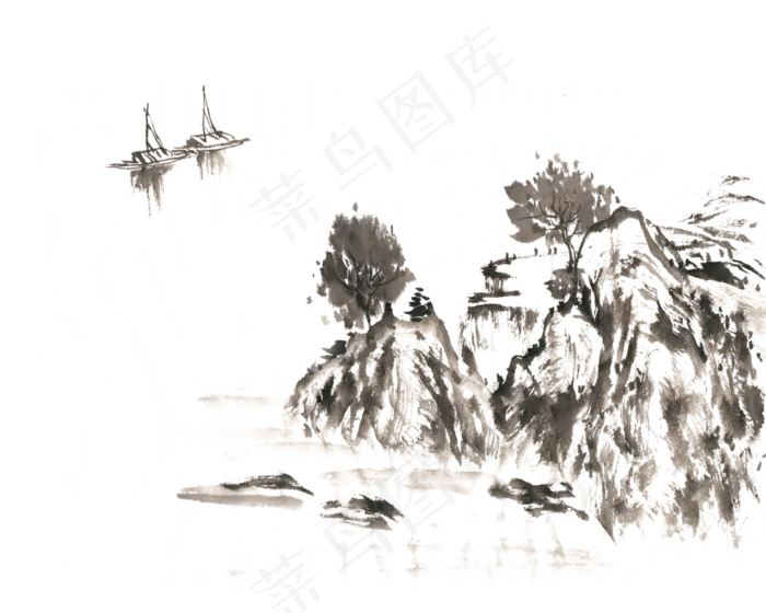山与帆船水墨画PNG免抠素材(5906X4724(DPI:300))psd模版下载