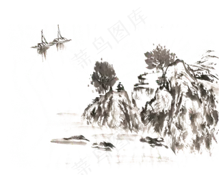 山与帆船水墨画PNG免抠素材