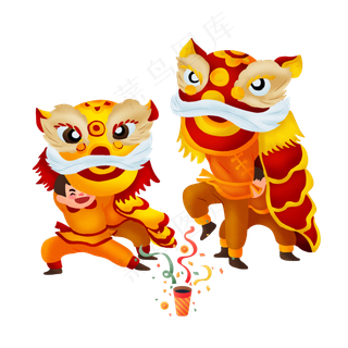 手绘过年舞狮png图,免抠元素