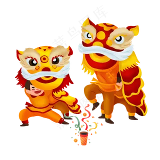手绘过年舞狮png图,免抠元素