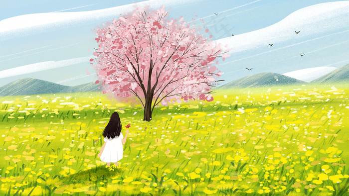 女孩欣赏春天油菜花樱花花海小清新(2880X1620(DPI:300))psd模版下载