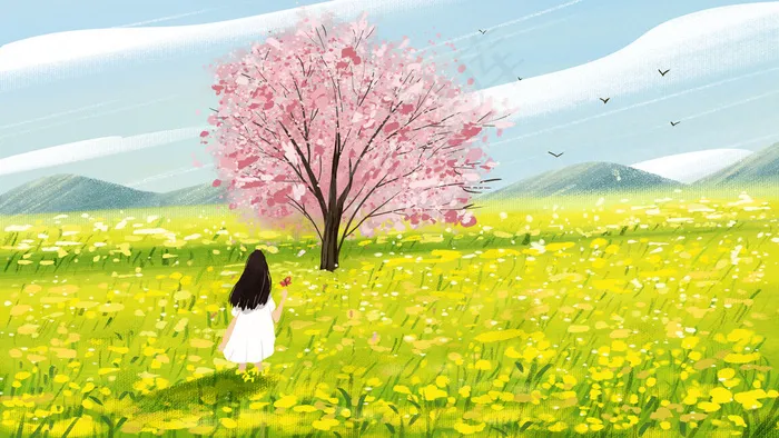 女孩欣赏春天油菜花樱花花海小清新