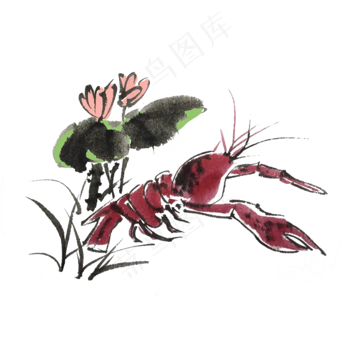 夏季水墨风小龙虾荷花荷叶手绘插(4000X4000(DPI:300))psd模版下载