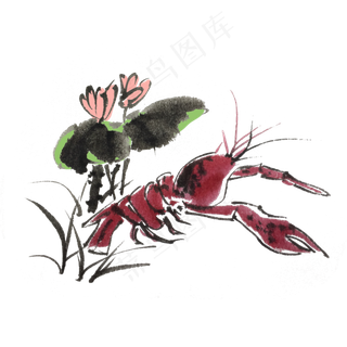 夏季水墨风小龙虾荷花荷叶手绘插