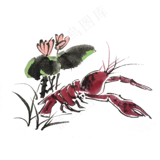 夏季水墨风小龙虾荷花荷叶手绘插