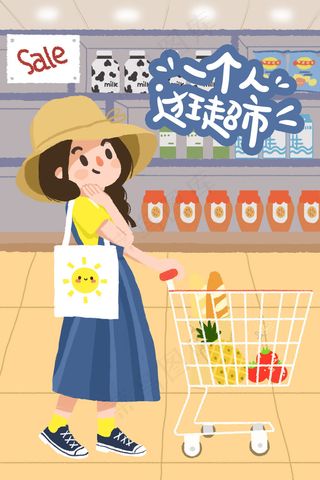 手绘一个人生活女孩逛超市免费下载