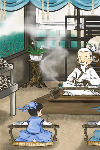 中国水墨古风私塾学堂上学上课写毛笔字场景