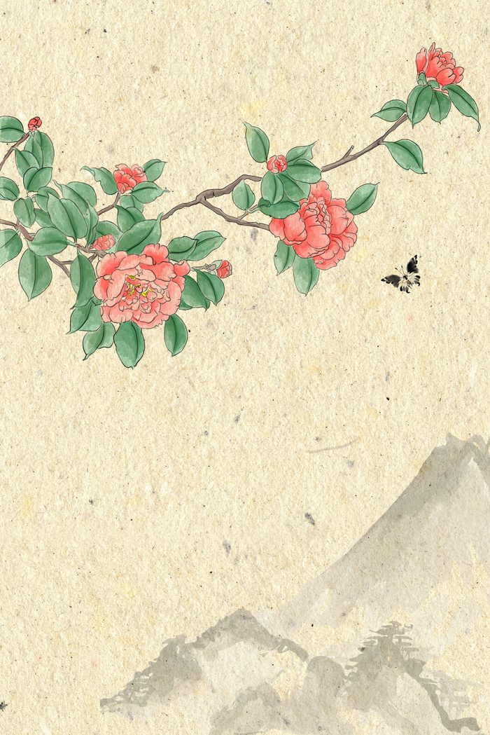 古风水墨淡彩花卉山茶插画