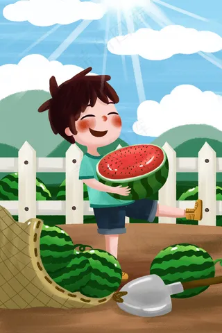 夏天夏日男孩吃西瓜大暑初夏夏至24节气