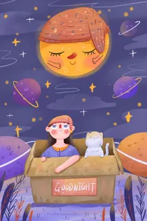 晚安世界女孩与猫在纸箱里看月亮配图 晚安世界女孩与猫在纸箱里看月亮配图