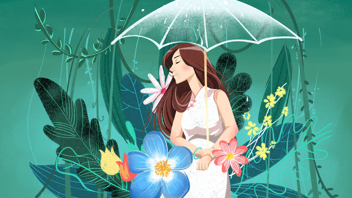 绿色系卡通手绘风小暑夏日花卉女孩配图