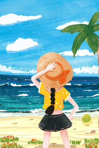 夏日晴空女孩去海边游泳