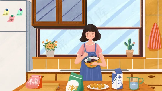 女孩厨房准备做月饼材料场景