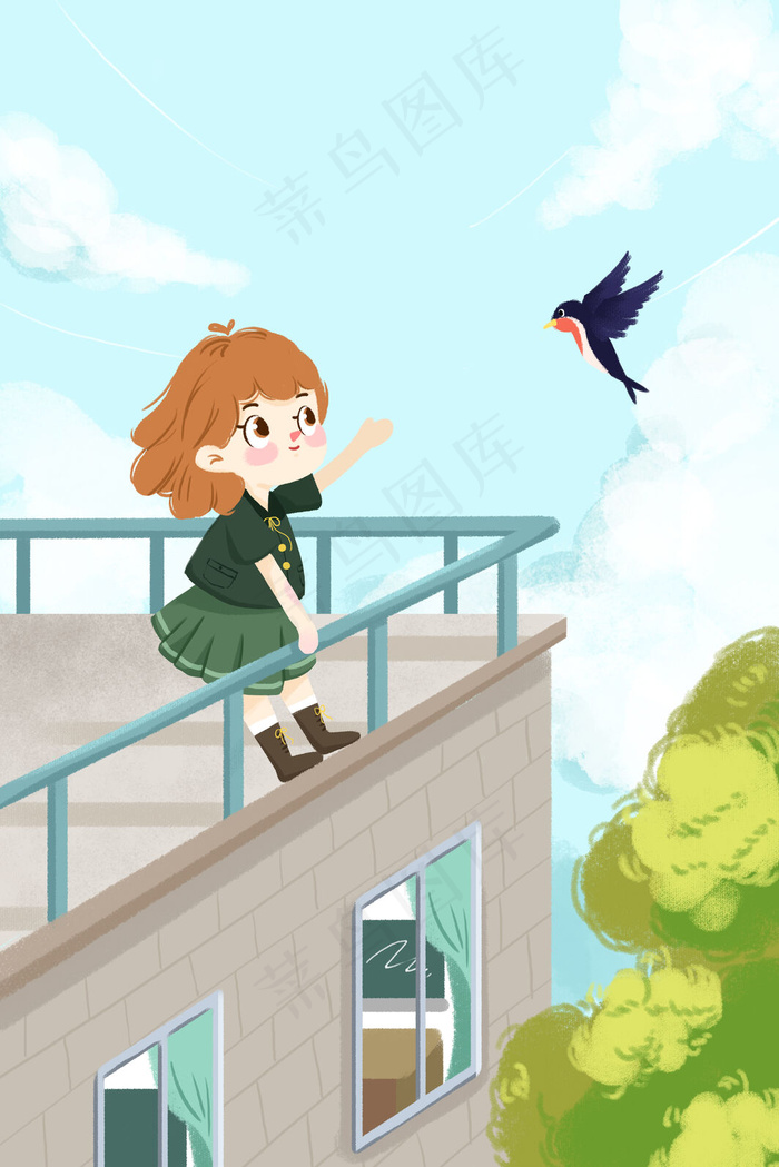 你好二月女孩学校楼顶挥手燕子小清新插画