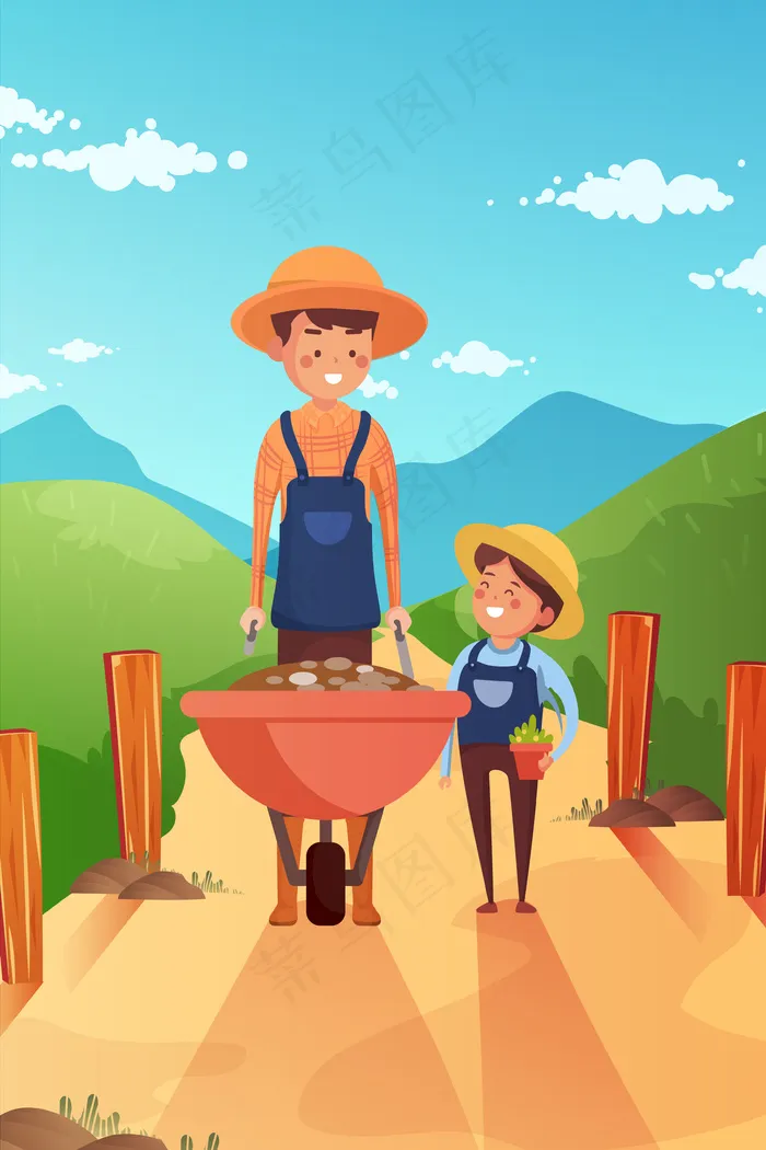 推车农夫工作五一劳动节父子手机页面配图(3545*5315px 300 dpi )ai矢量模版下载