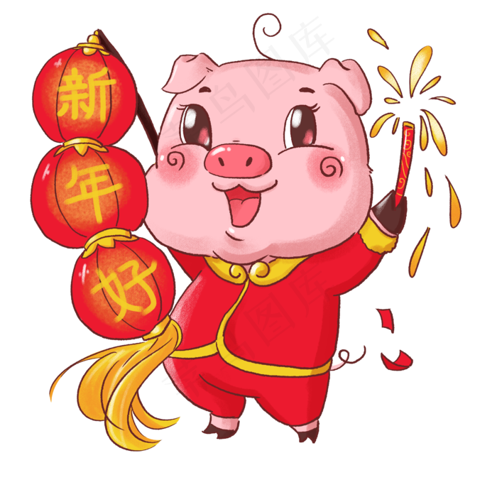 2019春节喜庆红色卡通猪猪举灯笼,免抠元素(2500*2500px)psd模版下载