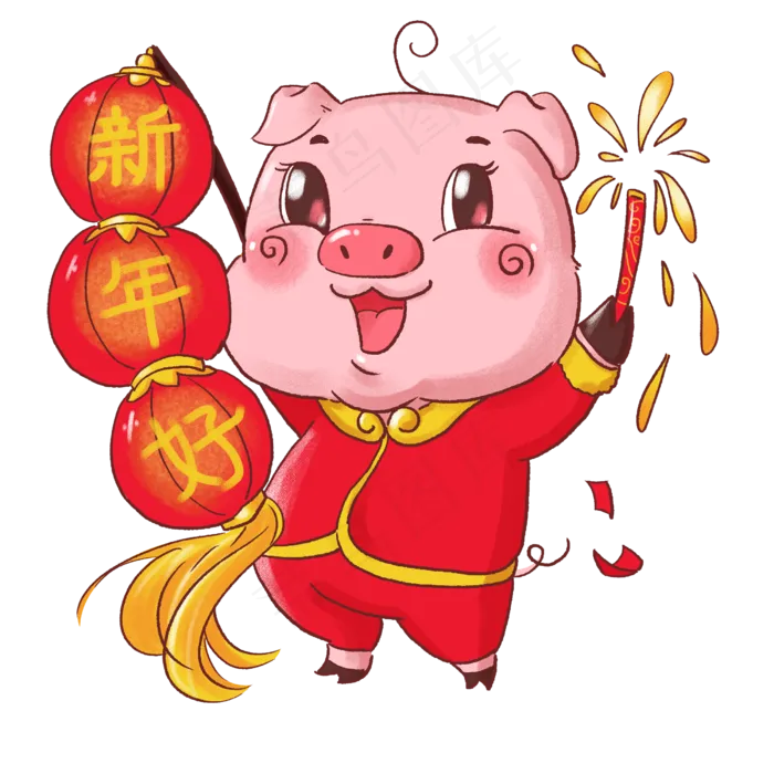 2019春节喜庆红色卡通猪猪举灯笼,免抠元素