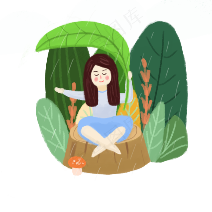 清明节小女孩在树叶下欣赏雨景