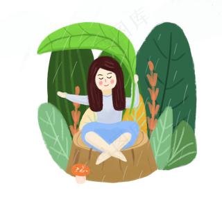 清明节小女孩在树叶下欣赏雨景