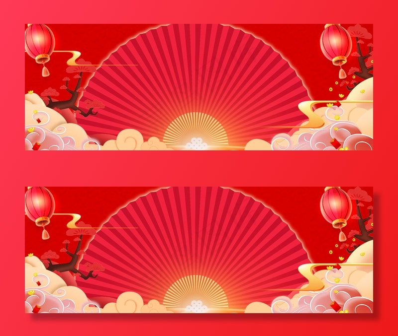 新年中国风扇子红色电商海报背景