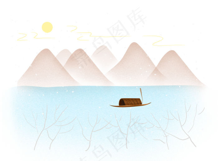 中国风雪天的乌篷船,免抠元素(4961*3661px 300 dpi )psd模版下载