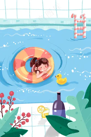 蓝色系卡通手绘风夏景女孩游泳配图