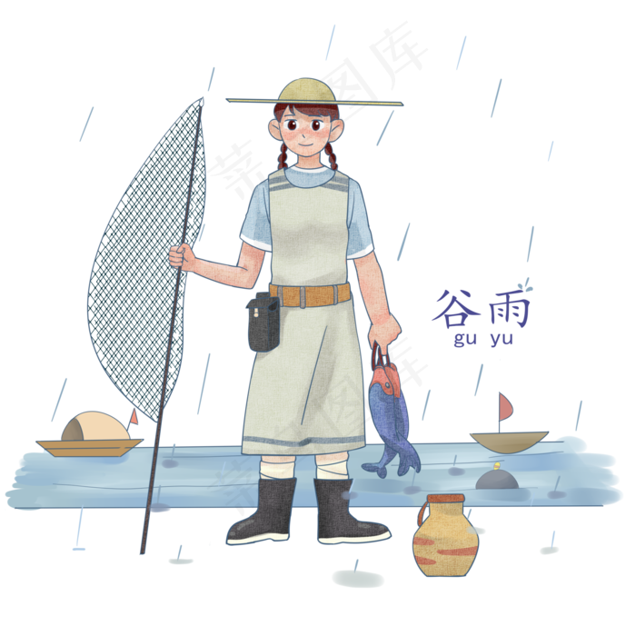 谷雨捕鱼的小女孩(2000X2000(DPI:299))psd模版下载